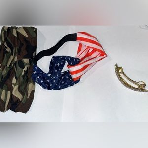 3pc Set of 2 Headbands / 1 Hair Barrette (USA FLAG / CAMO Designs (Crystal Clip)